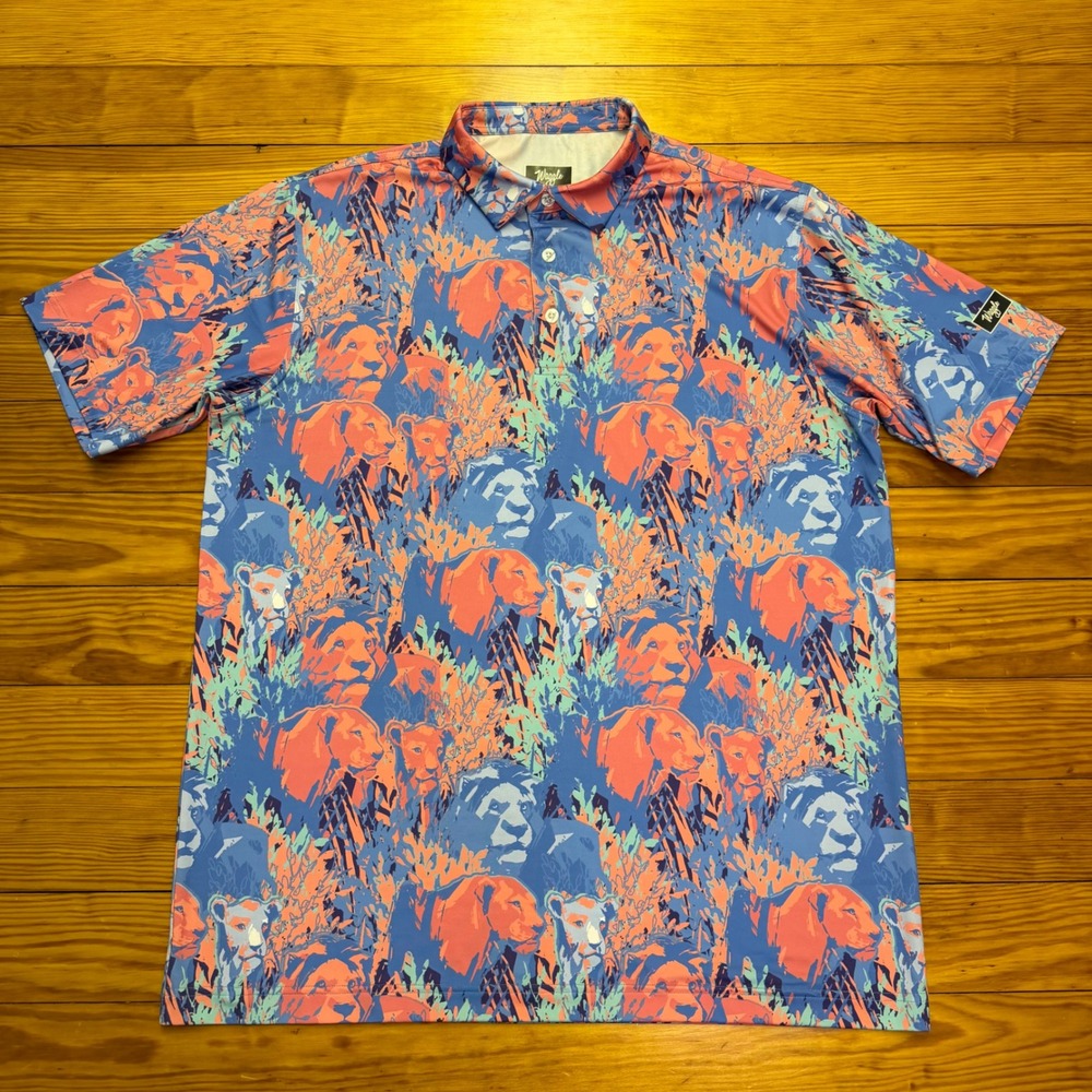 Waggle Mens XL Performance Golf Polo Shirt Lion Print Coral Blue Short Sleeve